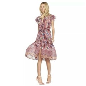 Misa mauve pink floral ruffle romantic shirt sleeve midi dress  XS lightweight